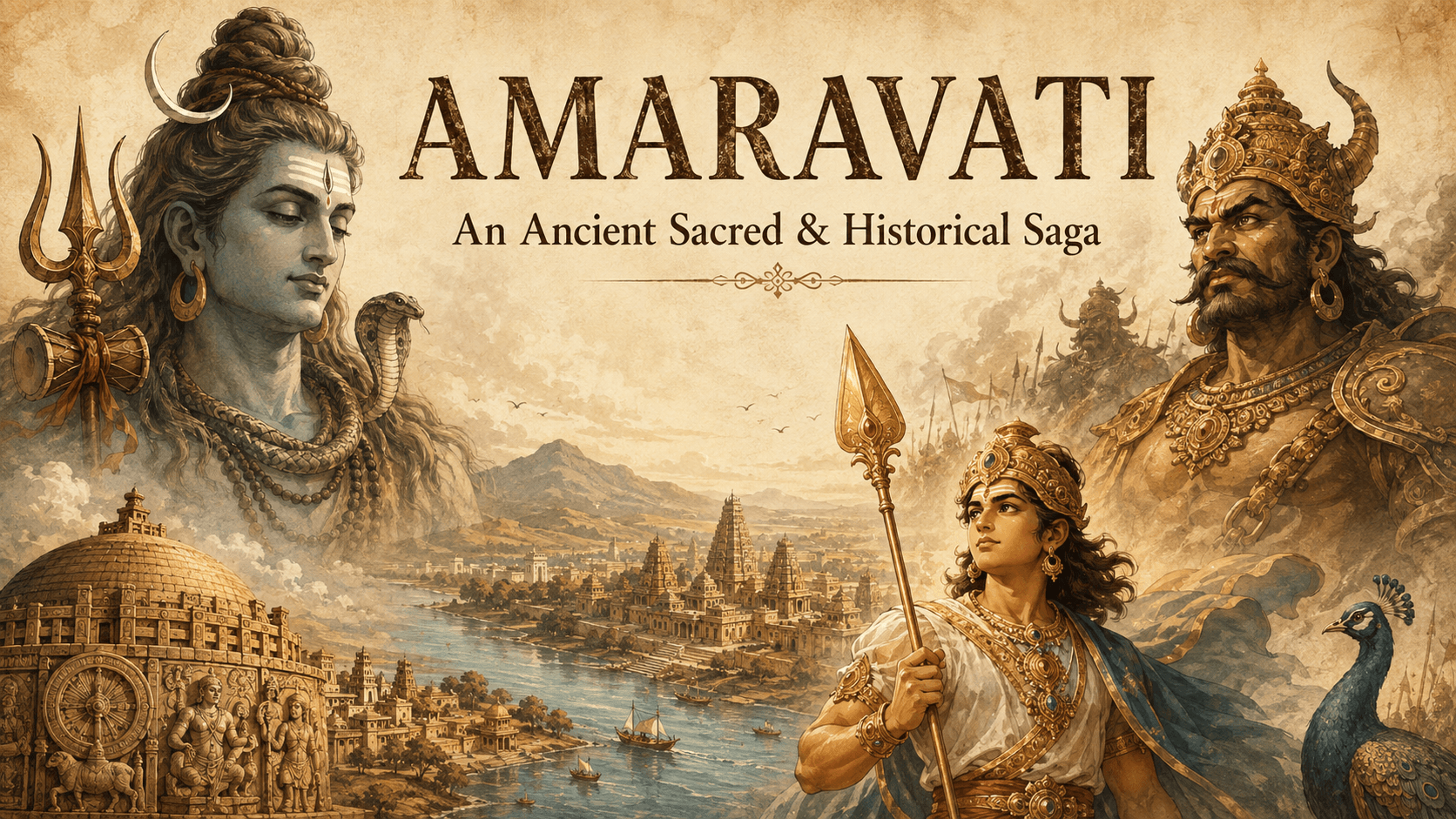 Amaravati — An Ancient Sacred & Historical Saga. An illustrated title panel showing Shiva, the demon-king Tarakasura, and a young warrior overlooking the great stupa and temples along the Krishna river